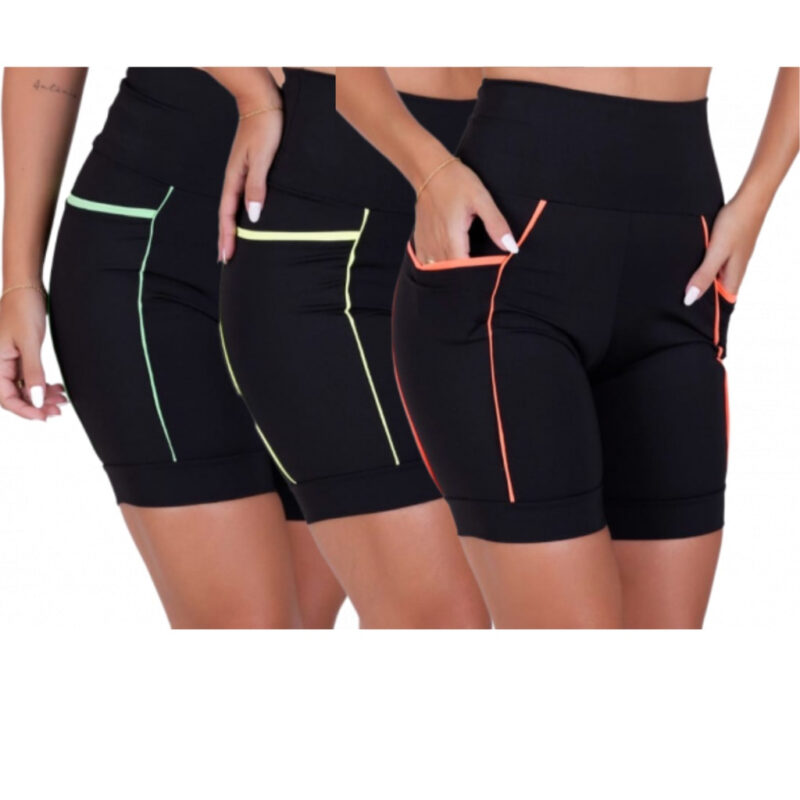 (Nº 212) Kit com 3 Bermudas Fitness Cós Alto